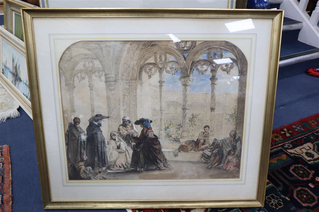 Victorian School, pencil and watercolour, Preparatory sketch; Renaissance figures on a terrace, indistinctly signed, 51 x 64cm.